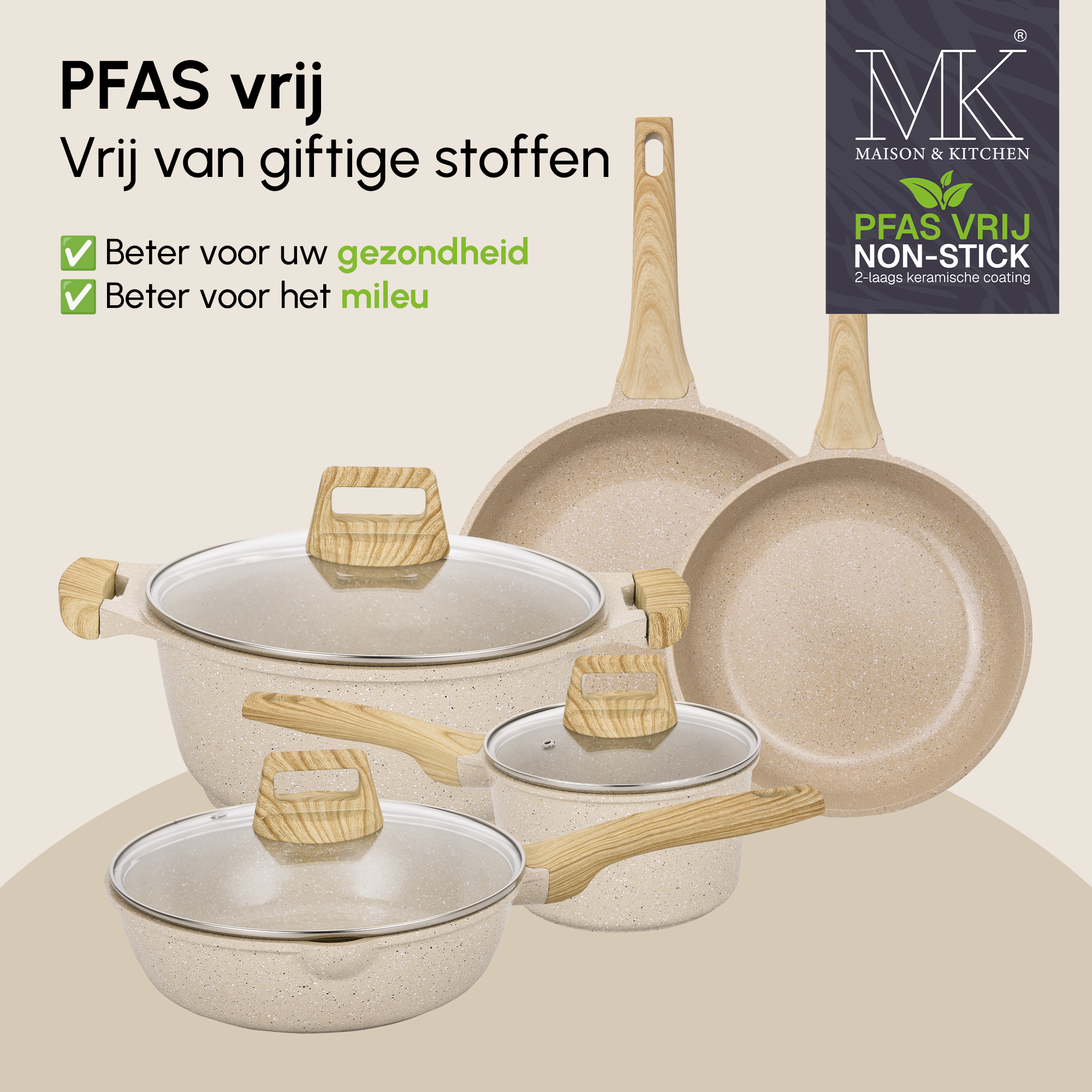 Kochgeschirrset - 16-teilig - Mit Dampfpfanne - PFAS-frei - Beige