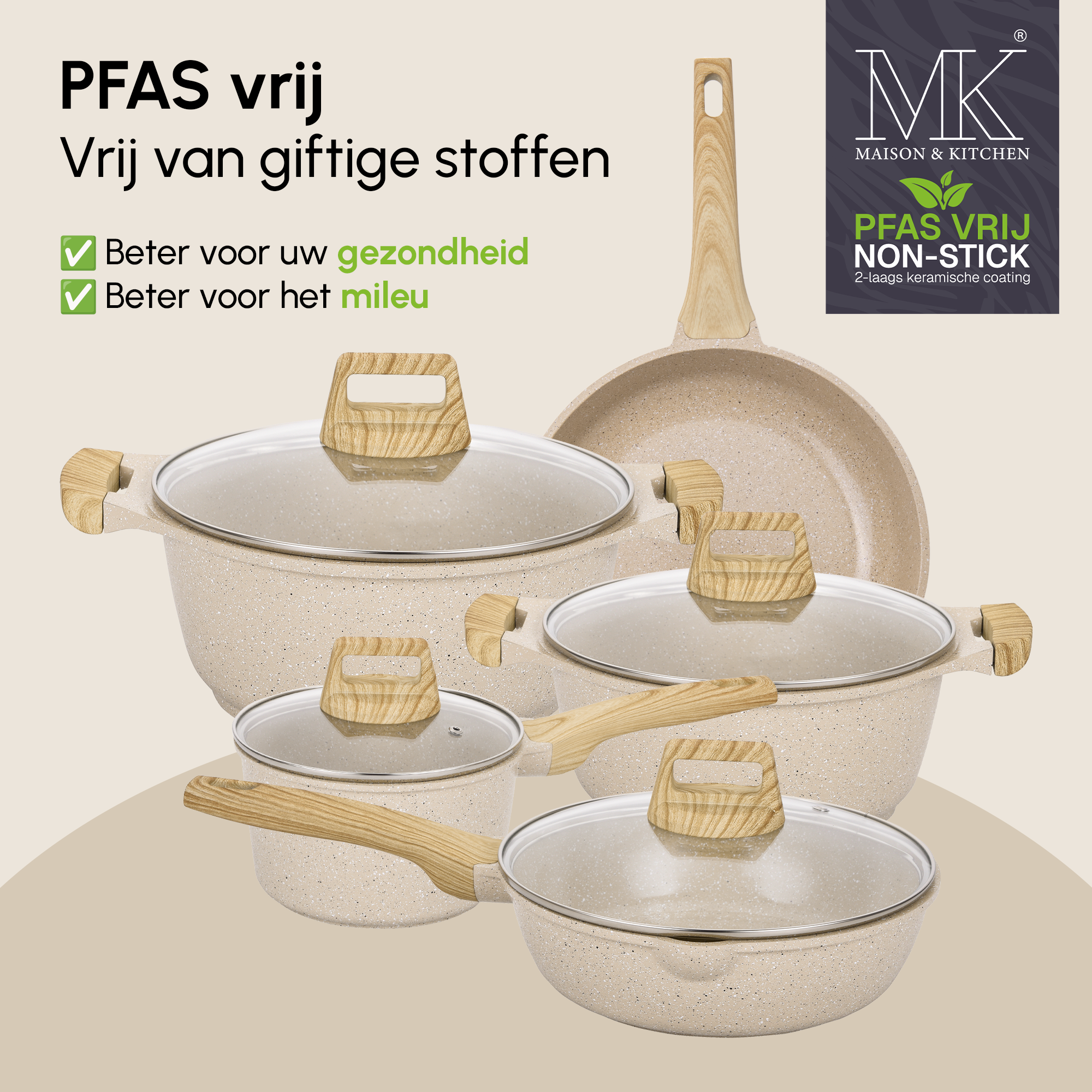 Pannenset - 16 delig - PFAS-vrij - Beige