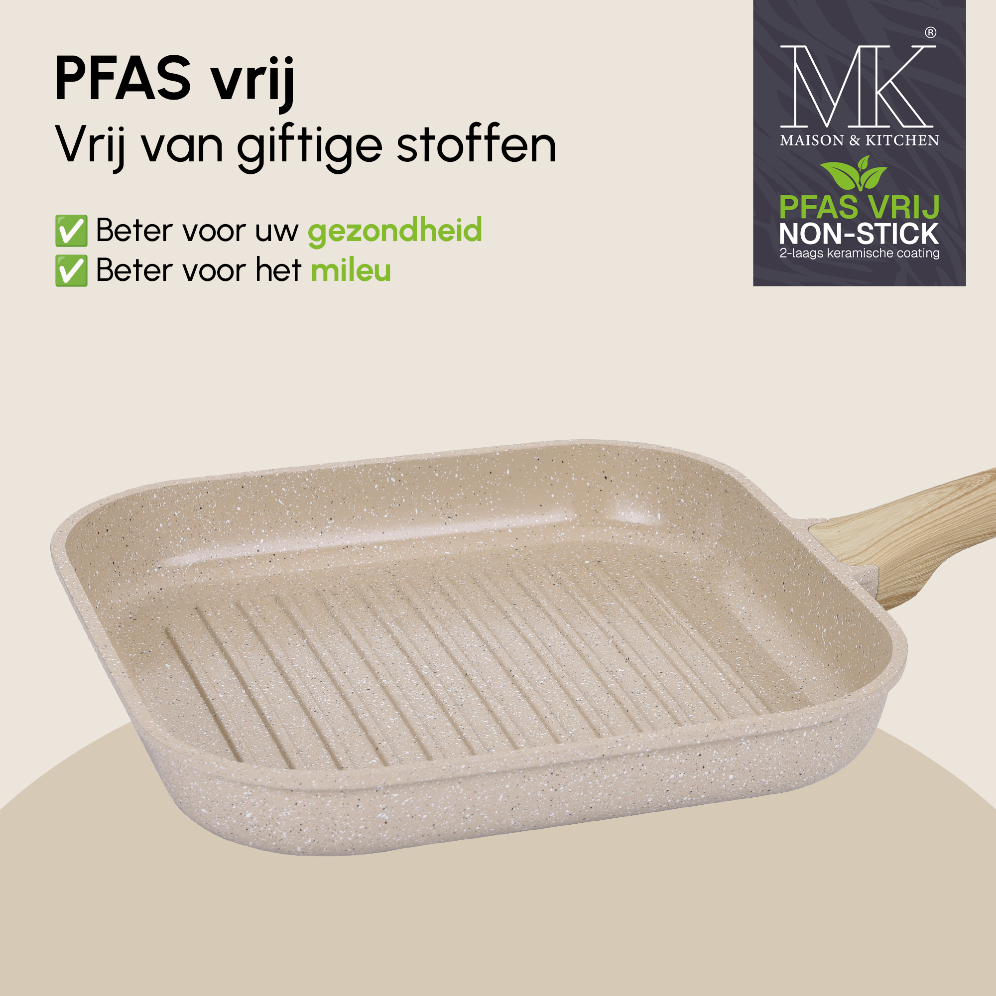 Grillpfanne – Keramikbeschichtung – 28 cm – PFAS-frei – Beige